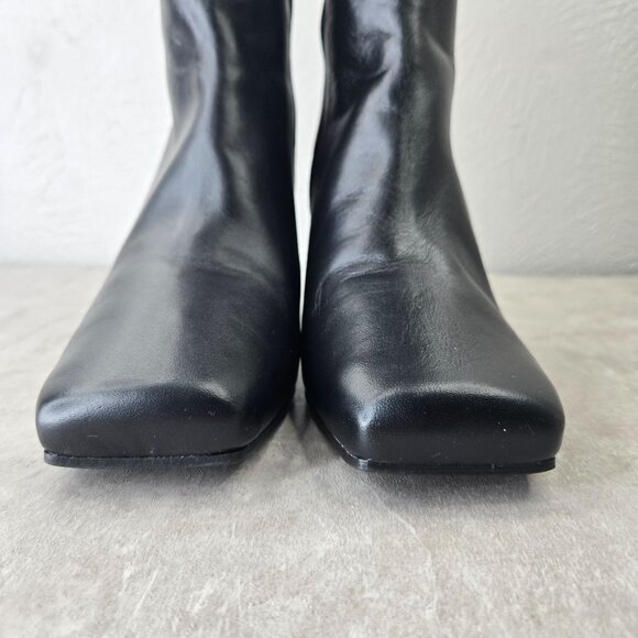 Black Leather Tall Heeled Boots Knee High Block Heel Square Toe Minimalist Chic - Picture 3 of 15